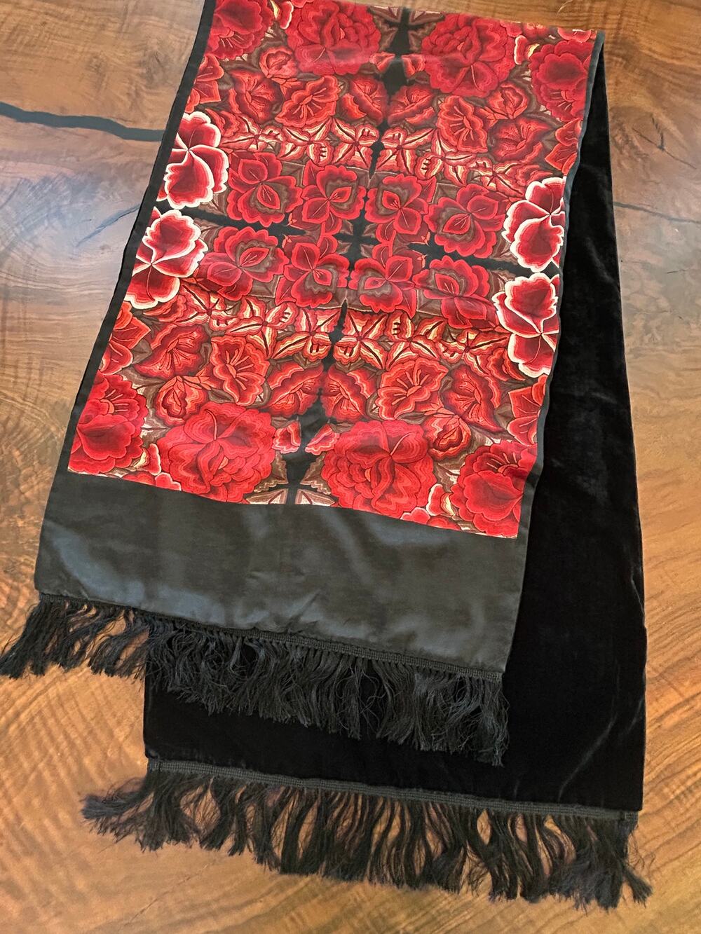 Pineda Covalin Silk Velvet Floral Shawl Scarf Gothic Red Fringe Designer Wrap